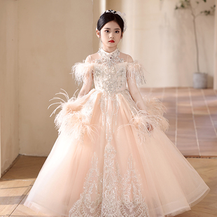 儿童礼服公主裙粉色洋气模特走秀钢琴演出生日小主持高端女童礼服