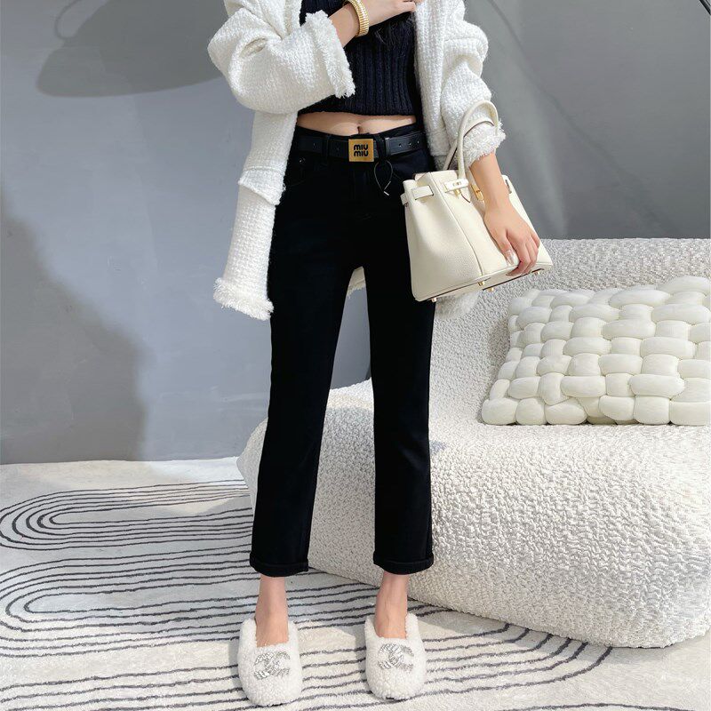 春秋新款黑色牛仔烟管裤女高腰弹力显瘦八分小个子窄版直筒裤百搭