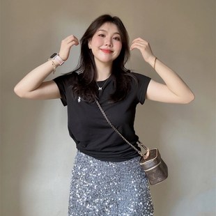 微胖MM甜美套装 t恤搭配亮片半身短裙甜辣两件套女 裙夏季 正肩短袖