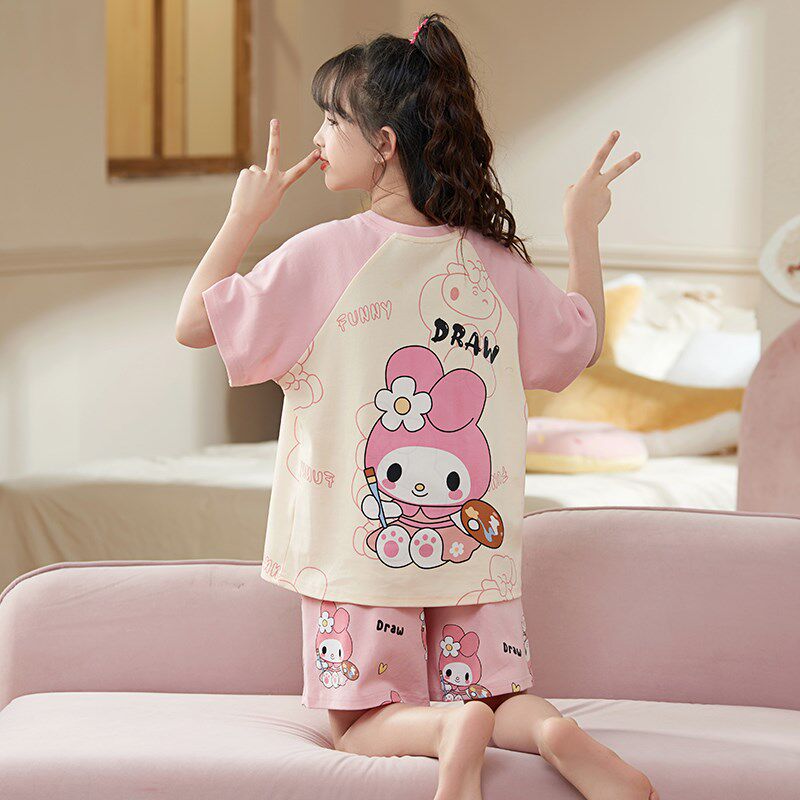 三件套女童睡衣2024新款夏季纯棉薄款短袖长裤儿童女孩套装家居服