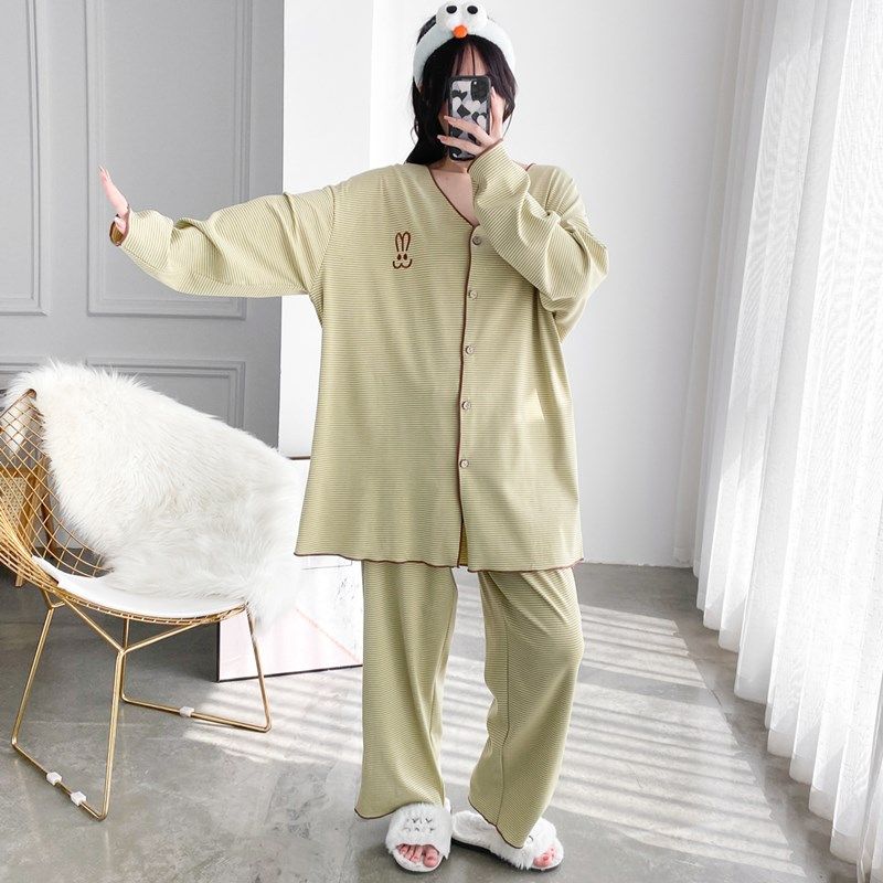 简约条纹开衫加大码纯棉睡衣女长袖长裤套装宽松胖MM200斤家居服,女士内衣/男士内衣/家居服,睡衣/家居服套装,淘宝优惠券,粉丝福利购,淘宝优惠卷