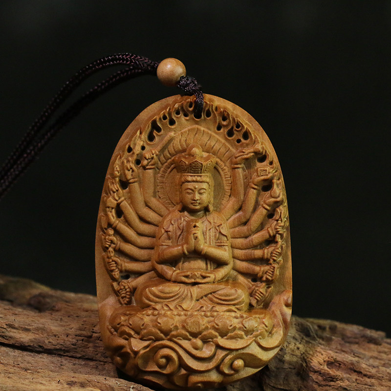 新中式檀香木雕佛像 准提佛母雕刻佛牌实木挂件 手工黄杨木雕精品