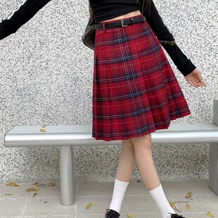 复古格子百褶半身裙女中长款春秋大码学院风jk半裙高腰格纹A字裙