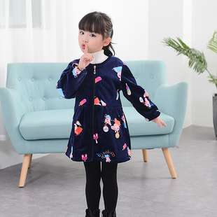 水晶绒秋冬女童羽绒服罩衣儿童加厚长袖带拉链画画护衣宝宝吃饭衣