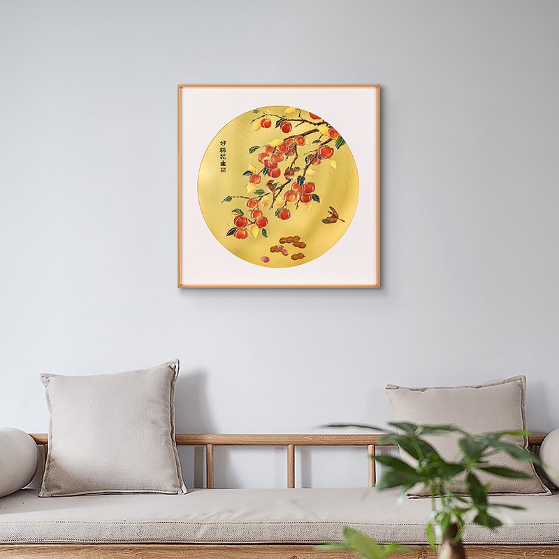 朱炳仁黄铜壁画中式风格 客厅背景墙装饰画 好柿花生铜质艺术挂画