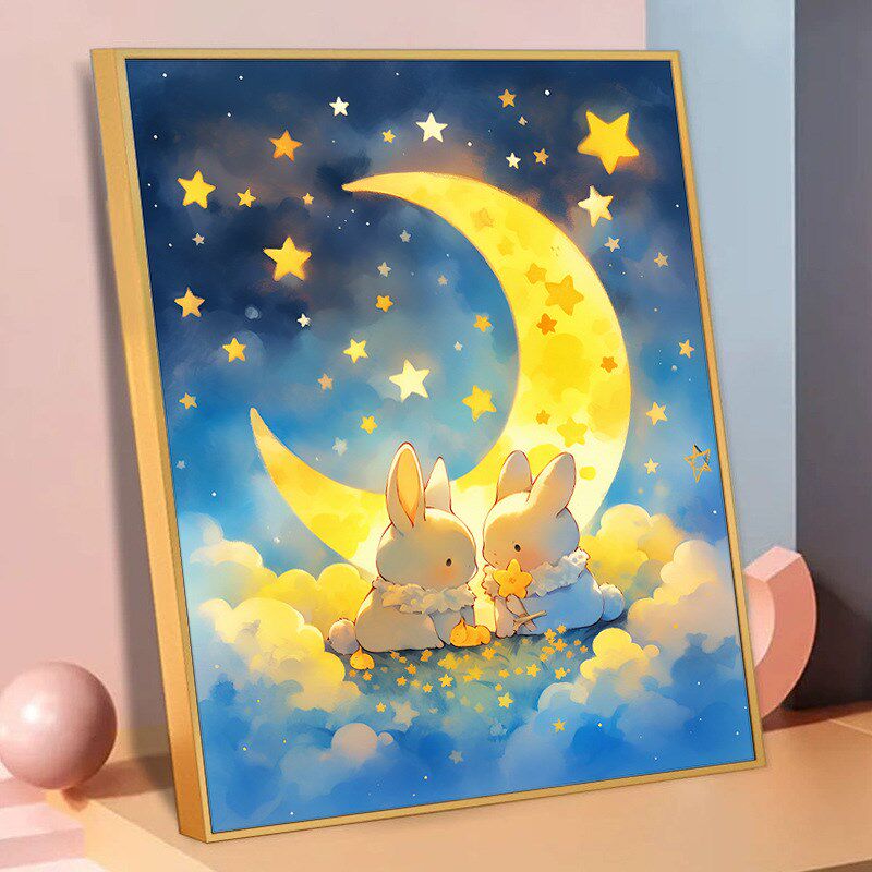 月亮宝贝兔十字绣2024新款线绣客厅小幅卧室卡通儿童房小件简单画