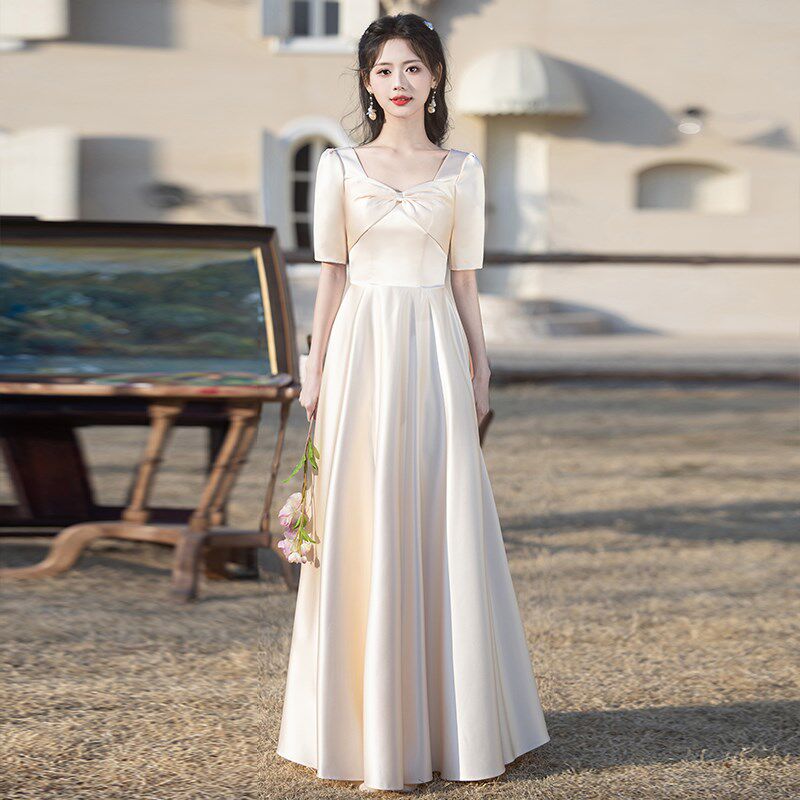 大码香槟色缎面伴娘服2025新款夏季伴娘团礼服裙女日常可穿晚礼服