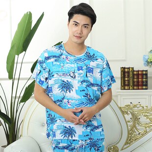 中老年睡衣男夏天棉绸上衣薄款 圆领宽松人造棉空调家居服男士 短袖