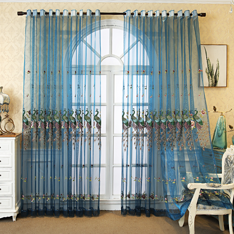 定做高档雪尼尔绣花纱帘孔雀窗纱半透光隔断阳台客厅蓝色成品窗帘