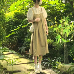 背带裙套装 韩版 衫 学院风甜美泡泡袖 少女两件套连衣裙小个子短袖