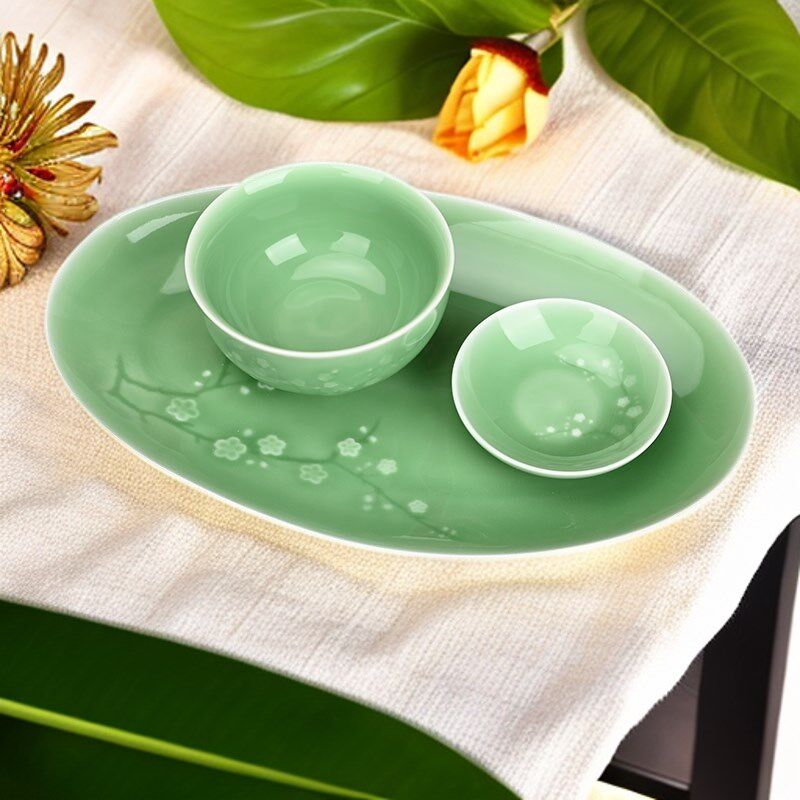 精品家用青瓷梅花餐具酒店中式宫庭风陶瓷碗盘碟组合套装乔迁礼品