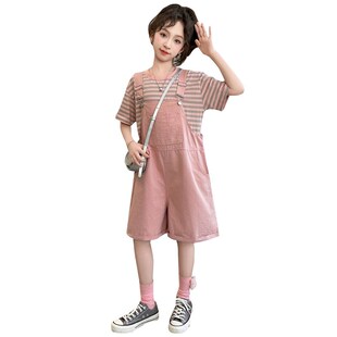 女童夏季套装2024新款夏装中大童纯棉短袖洋气背带短裤儿童两件套