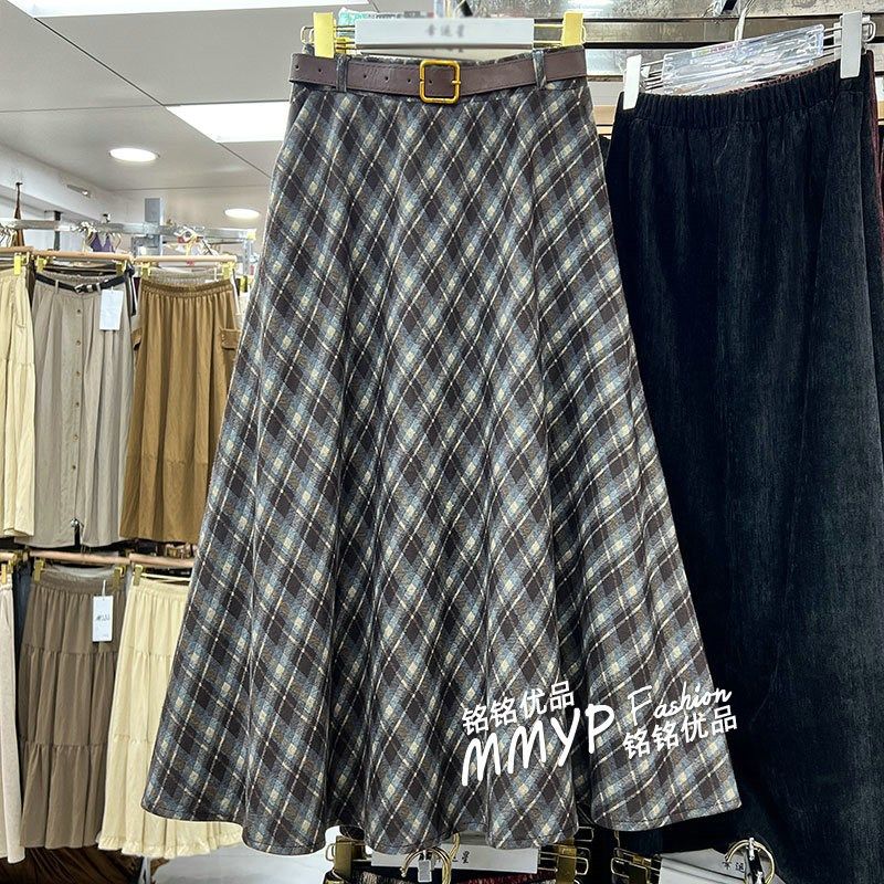 复古法式毛呢格子半身裙女秋冬2024新款腰带大摆显瘦格纹裙子半裙,女装/女士精品,半身裙,淘宝优惠券,粉丝福利购,淘宝优惠卷