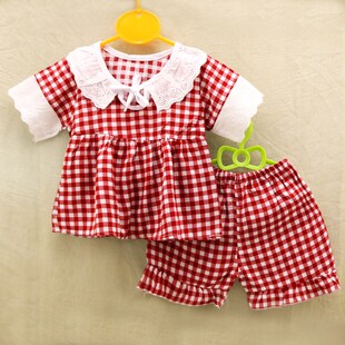 裙套装 棉绸女宝宝短短裤 女孩花边套头方格睡衣 夏季 婴幼儿童套装