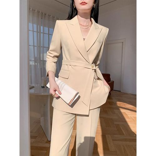 米色西装套装女春秋轻奢高级感阔腿裤职业正装小个子休闲西服外套