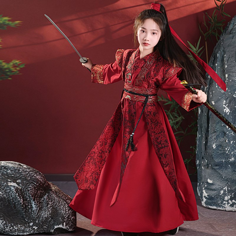 儿童汉服女童花木兰服装仙侠女孩剑客飞鱼cos侠客古装演出服唐装