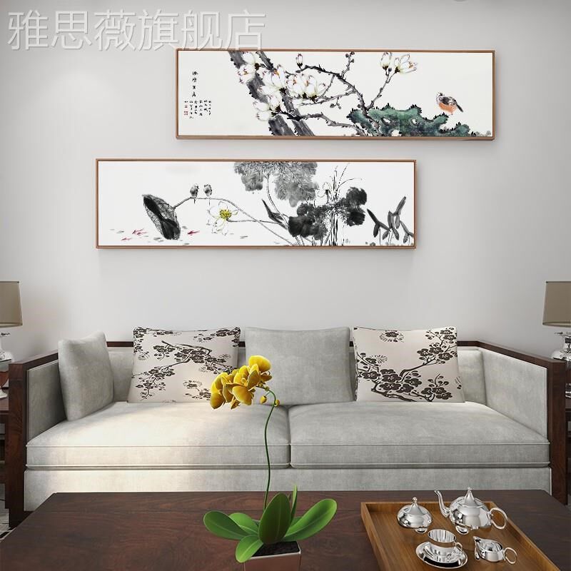 网红新中式头画卉民国画酒店花宿房间卧室床装饰荷花挂画桃花画水