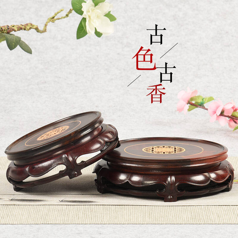 红酸枝镶嵌佛像工艺品奇石头展示旋转底座实木雕花盆盆景鱼缸托架