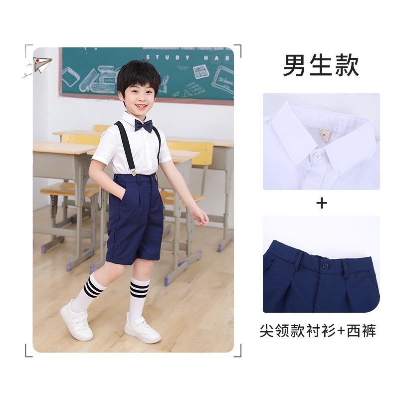 儿童白衬衫短袖黑色裤子套装小女孩红蓝百褶短裙六一表演校园班服