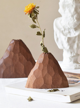 象有形/原日式创实木雕刻禅意火山造型花插玄关办公桌装饰摆件