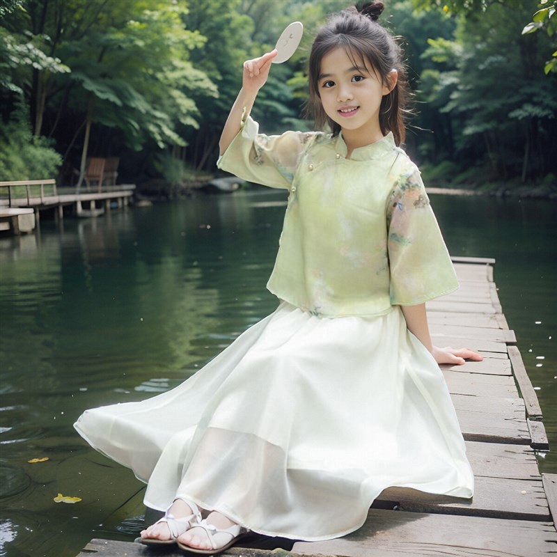 2024夏季新款女童汉服套裙夏装中国风洋气江南水乡风旗袍裙两件套