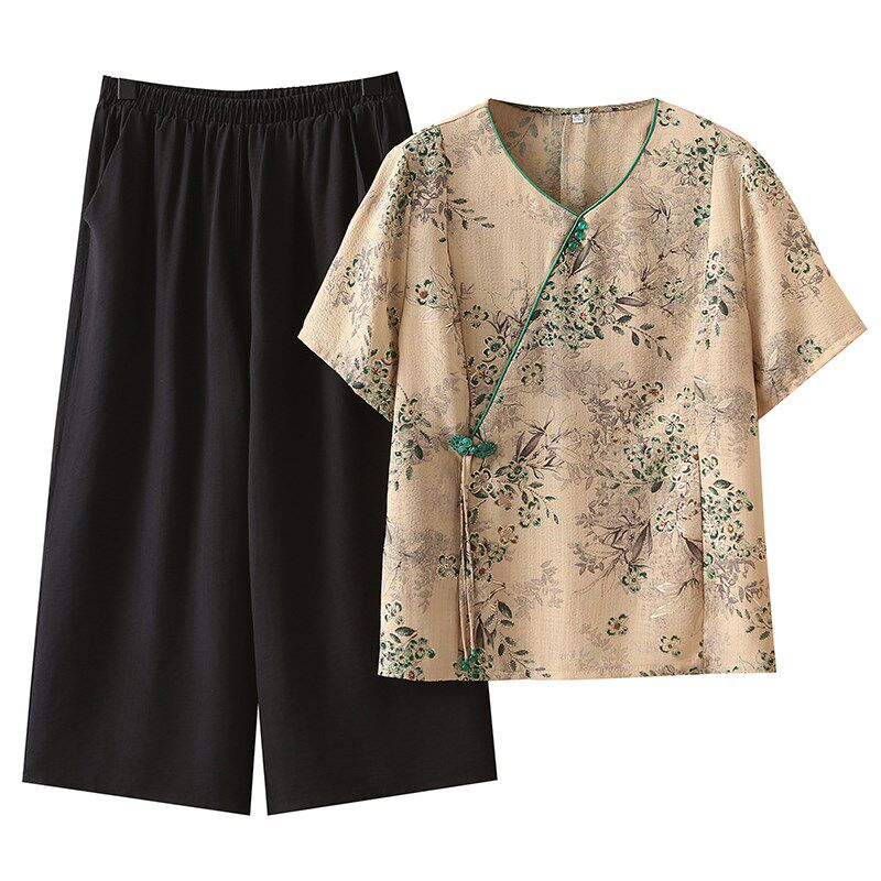 妈妈夏装丝麻套装洋气高贵50岁中老年女装短袖衬衫中式上衣两件套