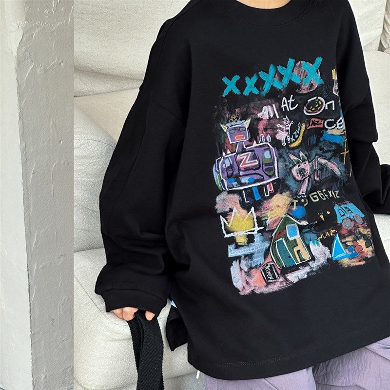 女童春装卫衣大童卡通圆领套头长袖T恤初中生宽松休闲洋气上衣潮