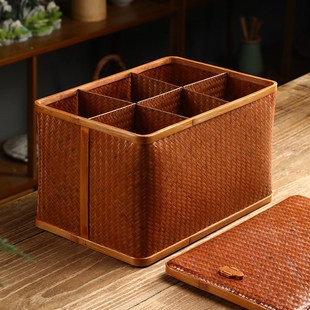 大漆竹编藤编方形收纳篮家用带盖防尘筐竹盒食盒隔层茶具收纳盒