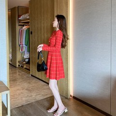 法式复古红色连衣裙女秋冬小个子POLO领a字修身显瘦短款针织裙子