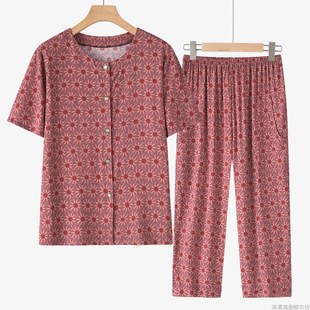 中老年睡衣女夏棉绸短袖 妈妈开衫 居家休闲外穿绵绸家居服套装