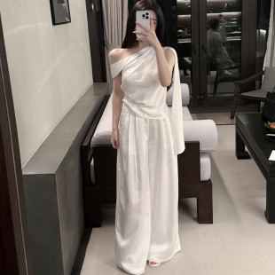 宽松休闲显瘦直筒裤 YOUENBB 缎面白色高腰阔腿裤 夏季 夏日微风
