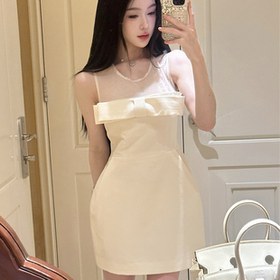 收腰设计感短裙子 连衣裙显瘦气质法式 YOUENBB 纯欲网纱拼接无袖