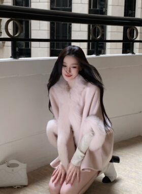 YOUENBB【温婉女友】氛围感高级昭和斗篷大衣双面呢狐狸毛短外套