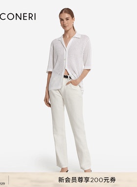 【季末折扣】FALCONERI女优雅亚麻混纺纹理翻领短袖T恤DMM490G