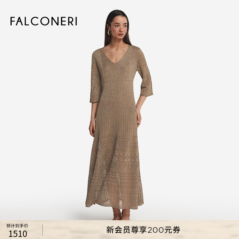 FALCONERI女士时尚经典简约优雅V领纹理短袖长裙连衣裙DAM482B