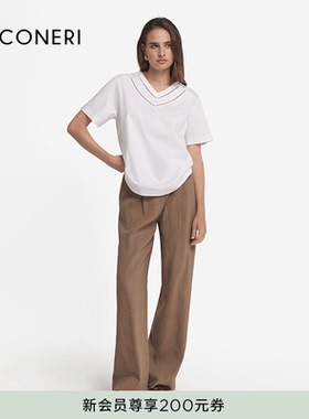 FALCONERI女士时尚休闲刺绣V领纯棉短袖T恤DMM440J