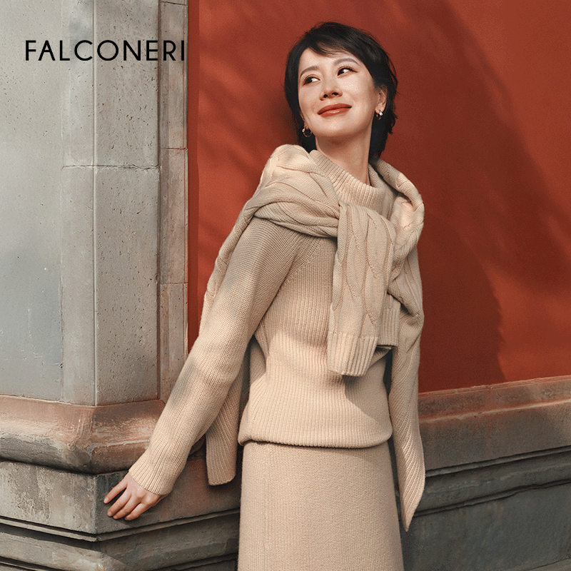 【明星同款】FALCONERI女士时尚经典羊毛罗纹针织开衫DML472I
