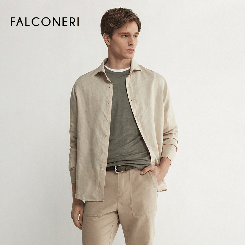 FALCONERI25年新品男士时尚经典舒适亚麻上衣长袖翻领衬衫UML0171