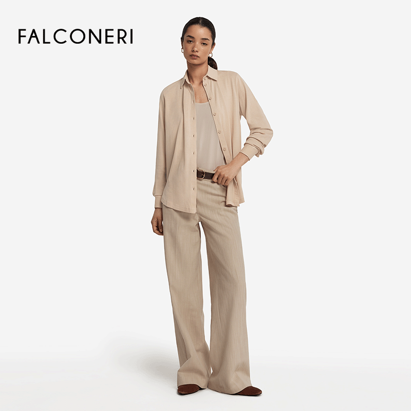 FALCONERI女士经典时尚舒适桑蚕丝混纺长袖纽扣翻领衬衫DML460J