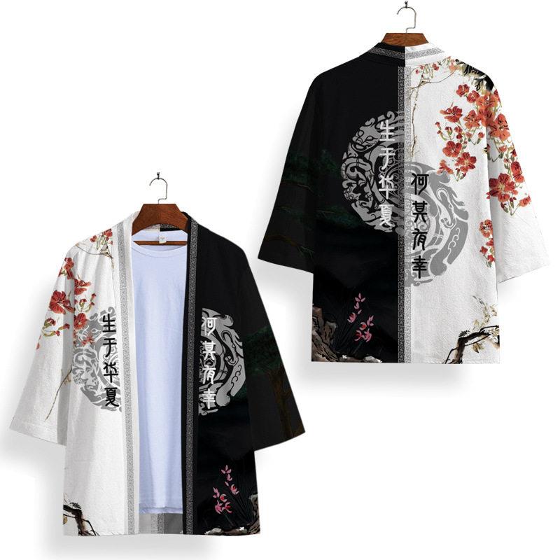 新款直销跨境新品国风印花 原宿和服道袍外套羽织披风开衫