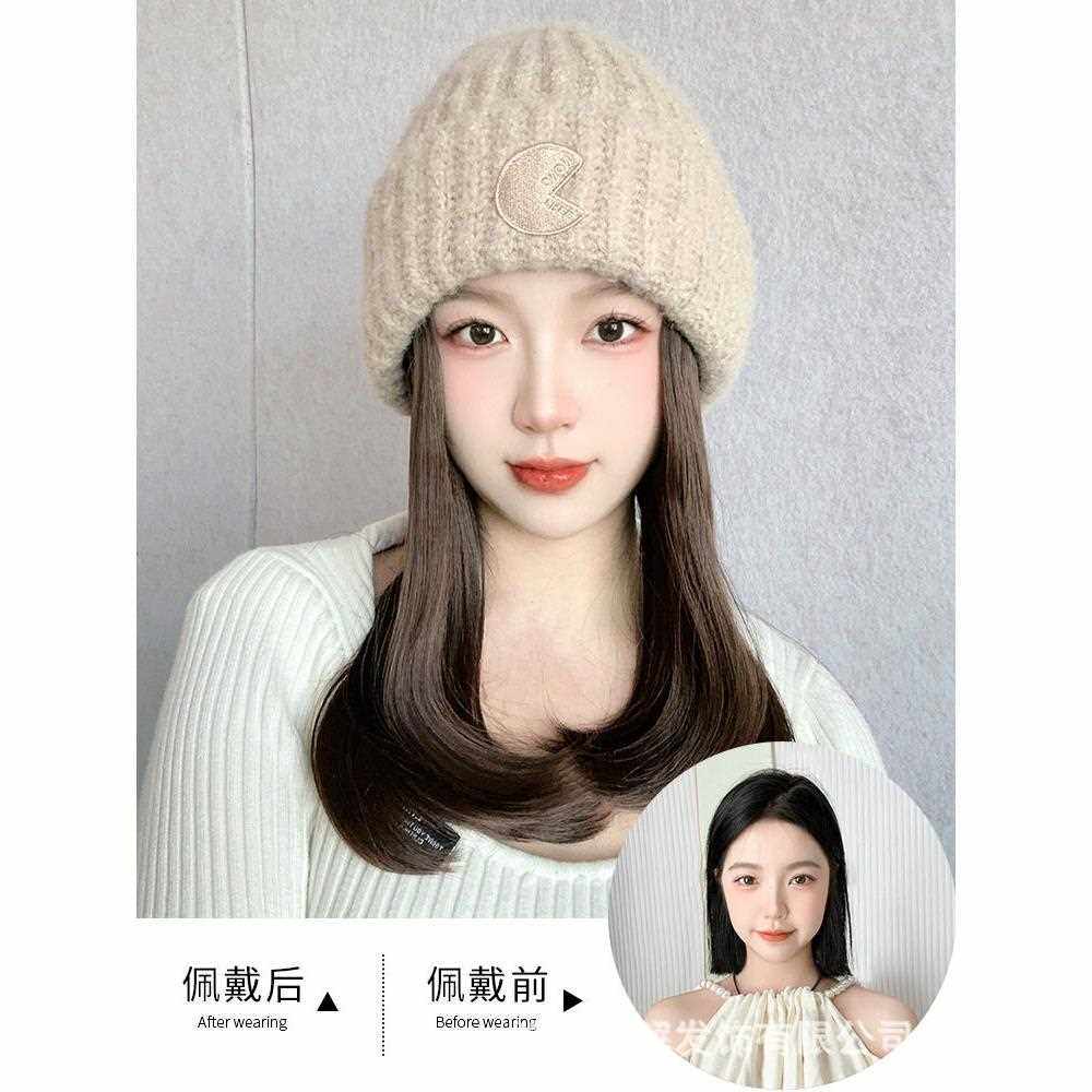 新款直销帽子假发一体女锁骨发仿真发全头套2023新款女款时尚针织