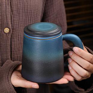 直销粗陶马克杯带盖过滤陶瓷茶水分离泡茶杯子家用日式 新款 复古水