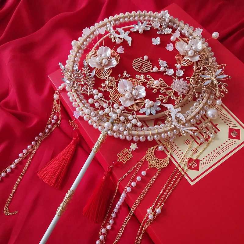 新款直销新娘扇子结婚喜扇成品秀禾服手持双面团扇婚礼手工材料包