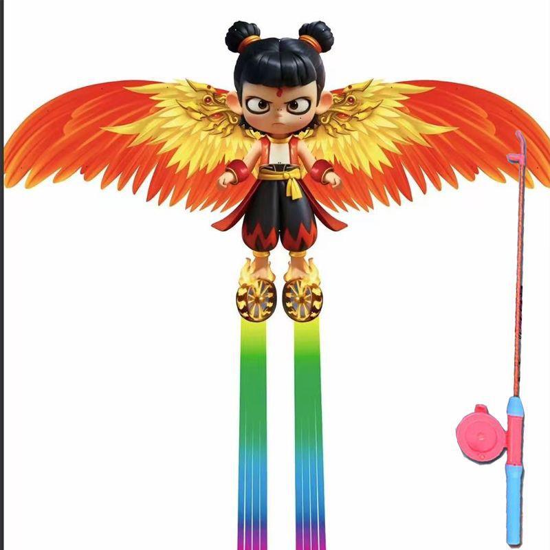 新款直销潍坊鱼竿动态哪吒风筝风筝地摊儿童户外手持迷你风筝鱼竿