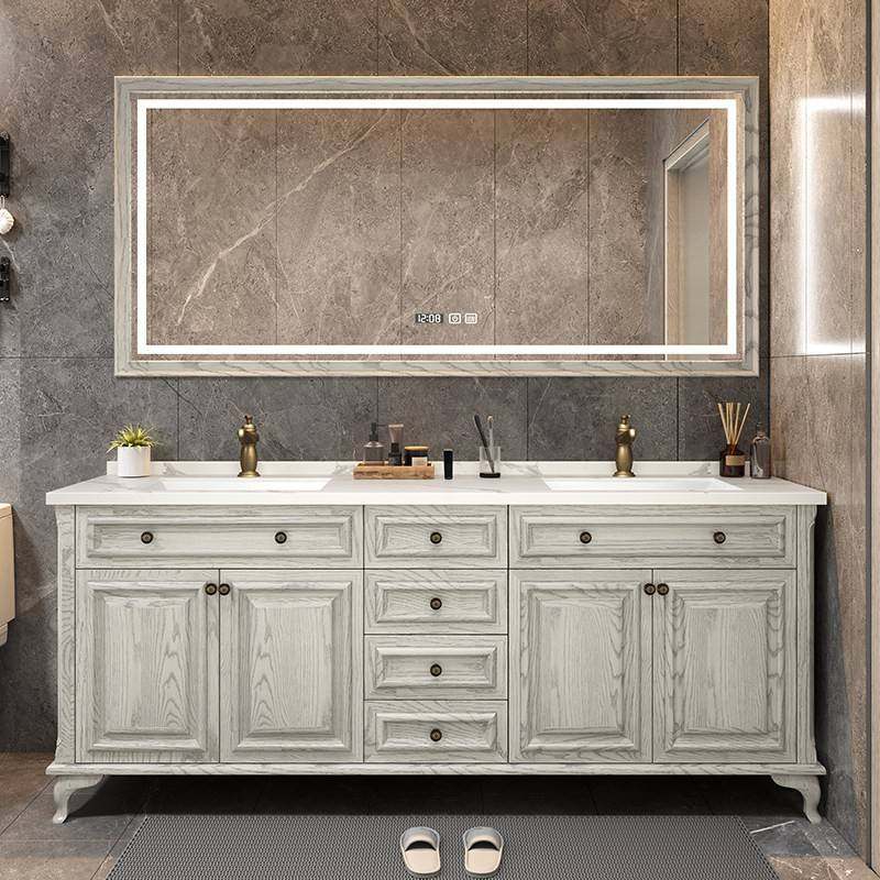 美式红橡木双盆浴室柜组合岩板卫生间实木落地式智能洗手盆洗漱台