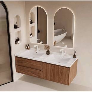 尺寸定制浴室柜陶瓷一体双盆岩板热弯盆洗手台脸盆柜洗漱台大户型