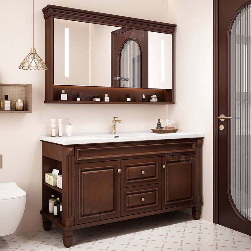 美式橡木浴室柜组合陶瓷一体盆智能镜卫浴柜落地洗漱台洗脸盆定制