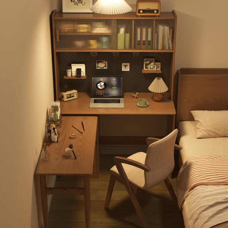 实木旋转书桌书架一体折叠家用拐角书柜学生卧室转角办公电脑桌子