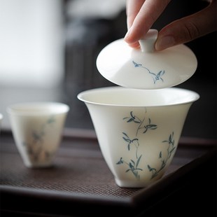 有方陶瓷青花泡茶碗Q 玉瓷手绘兰花盖碗 功夫茶具家用盖碗