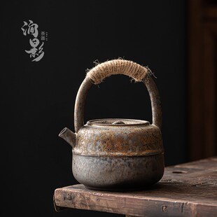 复古粗陶茶壶提梁壶n家用陶瓷单壶仿古做旧陶壶大号带过滤泡茶壶